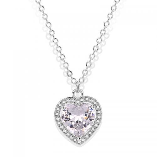 Cubic Zircon Micro Pave Brass Necklace, Heart, plated, micro pave cubic zirconia & for woman, platinum color 40-50CM 