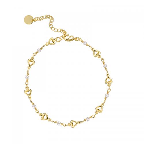 Brass Anklet, with Shell Pearl, plated, for woman, golden 