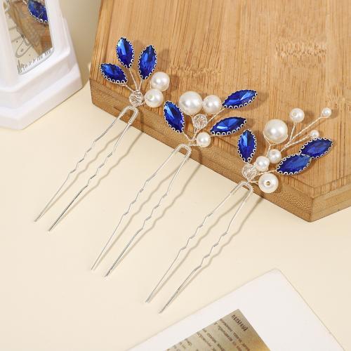 Hair Stick, brass wire, with Rhinestone & Plastic Pearl, three pieces & fashion jewelry & for woman 