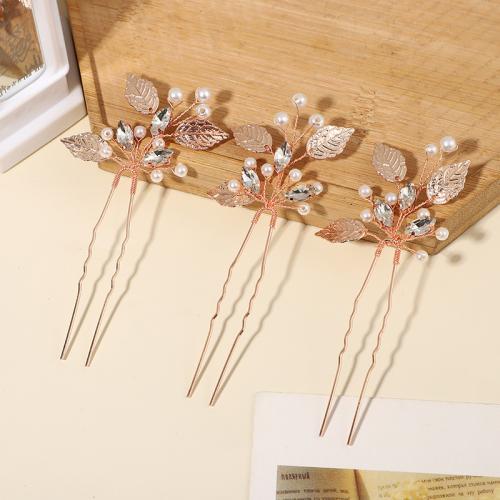 Hair Stick, brass wire, with Rhinestone & Plastic Pearl & Zinc Alloy, three pieces & fashion jewelry & for woman, rose gold color 