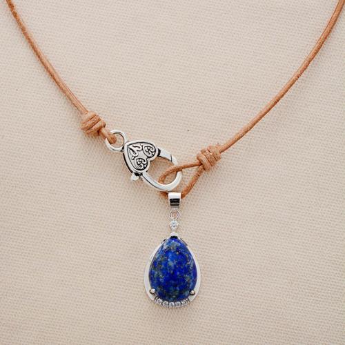 Lapis Lazuli Necklace, with cowhide cord & Zinc Alloy, Teardrop, plated, vintage & Unisex Approx 16-18 Inch 