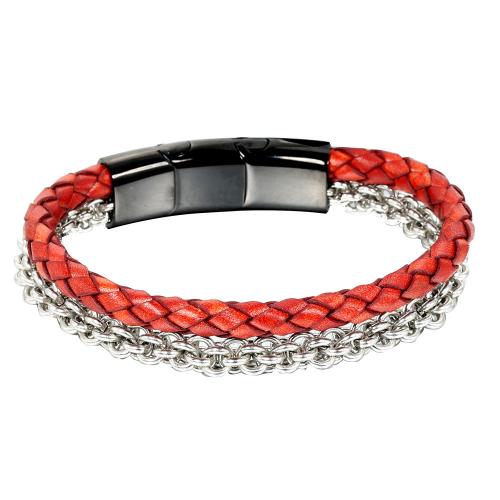Titanium Steel Bracelet & Bangle, with PU Leather, Vacuum Ion Plating, Double Layer & fashion jewelry & for man, mixed colors Approx 21 cm 