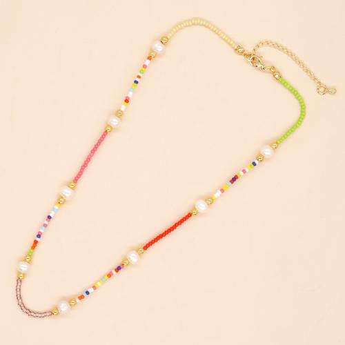 Glass Seed Beads Necklace, Seedbead, with Freshwater Pearl & Plastic Pearl & Zinc Alloy, with 5cm extender chain, gold color plated, fashion jewelry & Unisex Approx 42 cm 