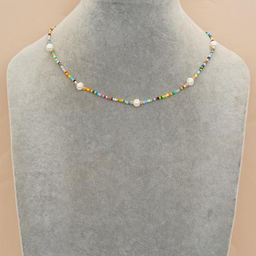 Glass Seed Beads Necklace, Seedbead, with Freshwater Pearl & Plastic Pearl & Zinc Alloy, with 5cm extender chain, gold color plated, fashion jewelry & for woman Approx 42 cm 