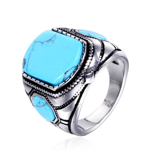 Titanium Steel Finger Ring, with Synthetic Blue Turquoise, vintage & fashion jewelry & for man, blue, 21mm 