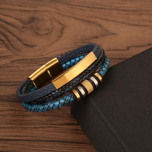 PU Leather Cord Bracelets, Titanium Steel, with leather cord, handmade, three layers & fashion jewelry & for man, blue Approx 21.5 cm 