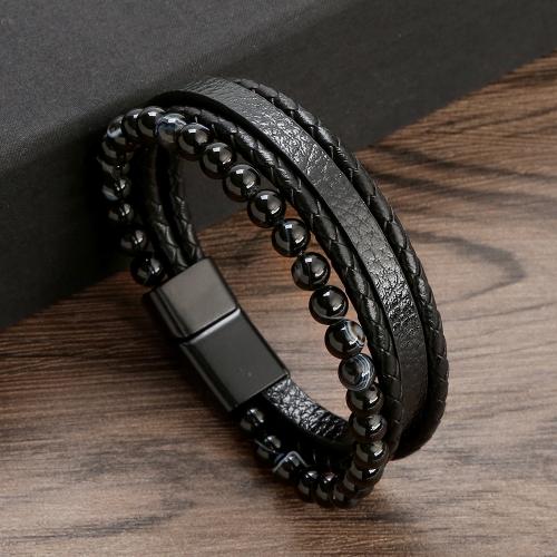PU Leather Cord Bracelets, with Agate, handmade, fashion jewelry & multilayer & for man, black Approx 21 cm 