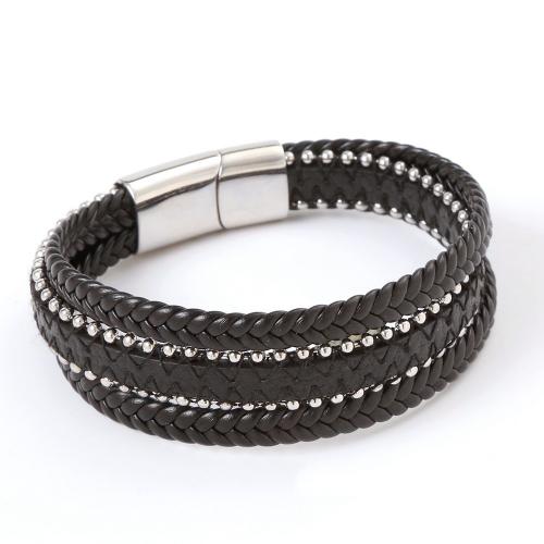 PU Leather Cord Bracelets, with 304 Stainless Steel, handmade, fashion jewelry & multilayer & for man, black Approx 21.5 cm 