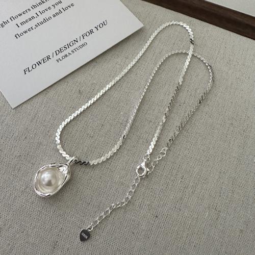 Sterling Silver Jewelry Necklace, 925 Sterling Silver, with Shell Pearl, with 1.97inch extender chain, polished, fashion jewelry & for woman Approx 15.74 Inch 