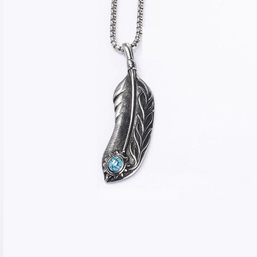 Titanium Steel Jewelry Necklace, Feather, polished, fashion jewelry & for man & with rhinestone x20mm Approx 600 mm 