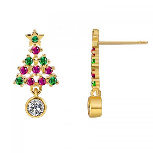 Cubic Zirconia Micro Pave Brass Earring, Christmas Tree, plated, micro pave cubic zirconia & for woman, golden 