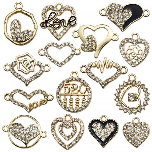 Zinc Alloy Heart Pendants, plated, DIY & enamel & with rhinestone, golden 