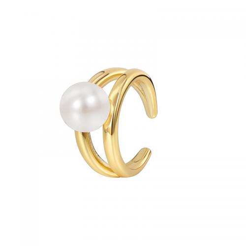 Brass Finger Ring, with Plastic Pearl, plated, for woman, golden, US Ring 