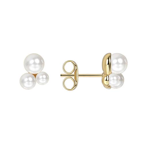 Brass Stud Earring, with Shell Pearl, plated, for woman, golden 