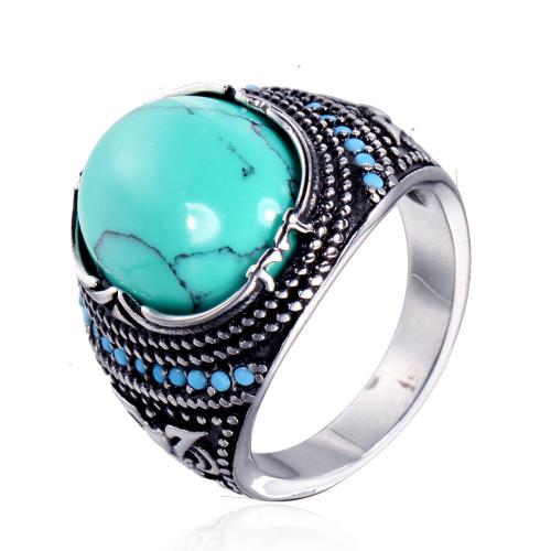 Titanium Steel Finger Ring, with Synthetic Turquoise & Resin Rhinestone, Vacuum Ion Plating, fashion jewelry & for man 21mm 