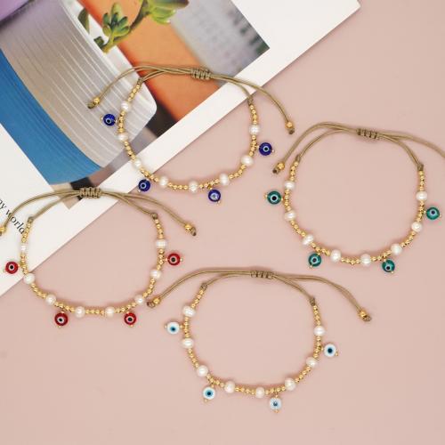 Bracelets Murano, chalumeau, avec Cordon de noeud & perle de plastique & laiton, Placage de couleur d'or, Réglable & bijoux de mode & pour femme, plus de couleurs à choisir Environ 28 cm, Vendu par PC