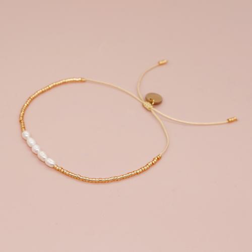 Bracelets Bijoux en verre, Seedbead, avec Cordon de noeud & perle & laiton, Placage de couleur d'or, Réglable & bijoux de mode & pour femme, couleurs mélangées Environ 28 cm, Vendu par PC