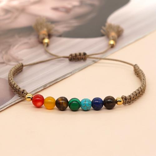 Gemstone Bracelets, with Knot Cord & Brass, Round, gold color plated, Adjustable & fashion jewelry & Unisex, mixed colors Approx 28 cm 