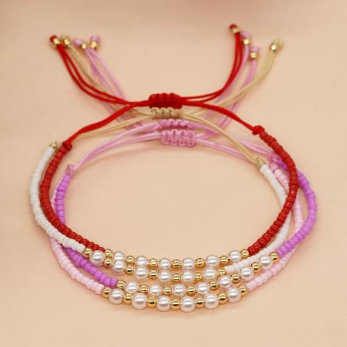 Glass Seed Beads Bracelets, Seedbead, with Knot Cord & Plastic Pearl & Brass, Round, gold color plated, Adjustable & fashion jewelry & for woman Approx 28 cm 