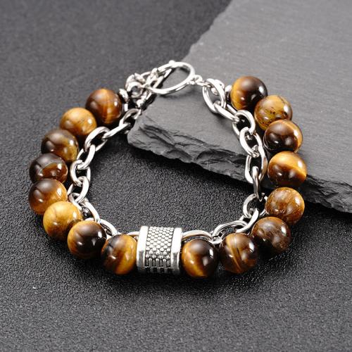 Tiger Eye Stone Bracelets, with 304 Stainless Steel, stoving varnish, fashion jewelry & Unisex Approx 21 cm 