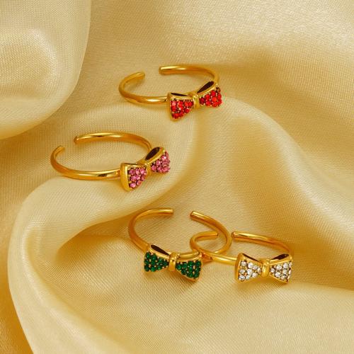 Cubic Zirconia Stainless Steel Finger Ring, 304 Stainless Steel, Bowknot, 18K gold plated, fashion jewelry & micro pave cubic zirconia & for woman size 20mm 