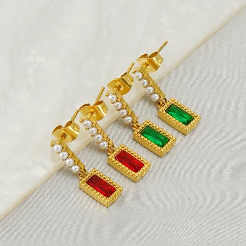 Stainless Steel Drop Earring, 304 Stainless Steel, with Plastic Pearl, 18K gold plated, fashion jewelry & micro pave cubic zirconia & for woman 