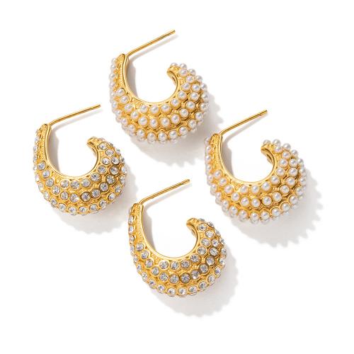 Stainless Steel Stud Earring, 304 Stainless Steel, with Plastic Pearl, 18K gold plated & for woman & with rhinestone, golden 