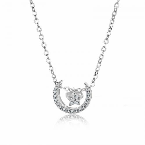 Cubic Zircon Micro Pave Brass Necklace, with 5cm extender chain, Moon and Star, silver color plated, fashion jewelry & micro pave cubic zirconia & for woman, silver color Approx 40 cm 