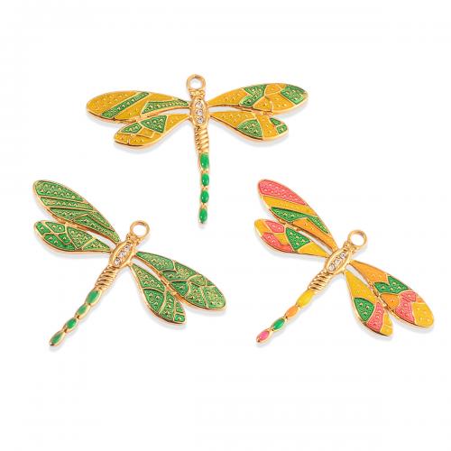 Rhinestone Stainless Steel Pendants, 304 Stainless Steel, Dragonfly, gold color plated, DIY & enamel & with rhinestone 