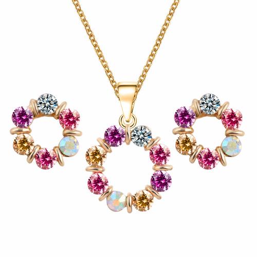 Crystal Jewelry Sets, Zinc Alloy, Stud Earring & necklace, with Crystal, Round, gold color plated, 2 pieces & fashion jewelry & for woman 