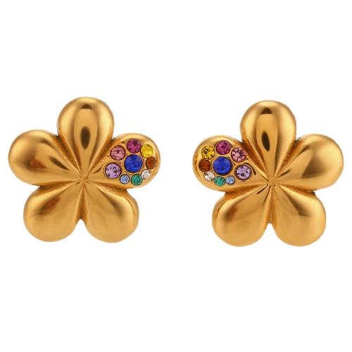 Stainless Steel Rhinestone Stud Earring, 316L Stainless Steel, Flower, 18K gold plated, fashion jewelry & for woman & with rhinestone 