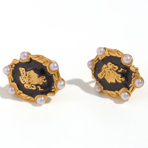 Stainless Steel Stud Earring, 316L Stainless Steel, with Plastic Pearl, 18K gold plated, fashion jewelry & for woman & enamel 