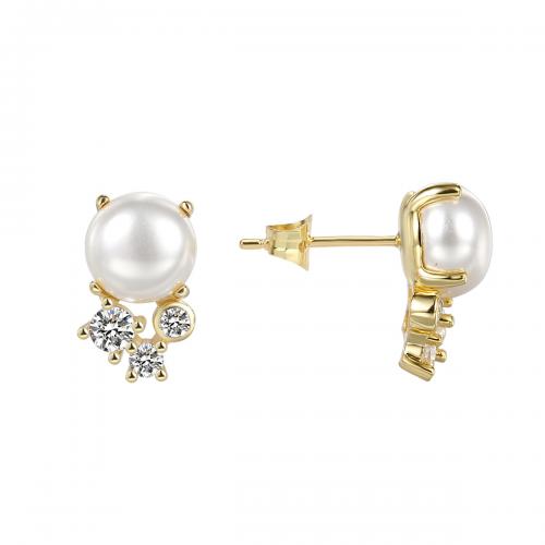 Cubic Zirconia Micro Pave Brass Earring, with Shell Pearl, plated, micro pave cubic zirconia & for woman, golden 