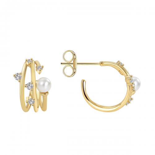 Cubic Zirconia Micro Pave Brass Earring, with Shell Pearl, plated, micro pave cubic zirconia & for woman, golden 