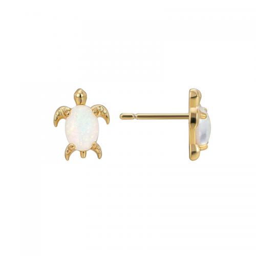 Brass Stud Earring, with Opal, Turtle, plated, for woman, golden 
