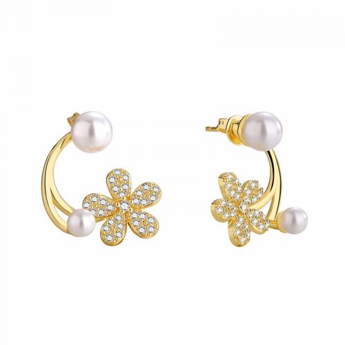 Cubic Zirconia Micro Pave Brass Earring, with Shell Pearl, petals, plated, micro pave cubic zirconia & for woman, golden 