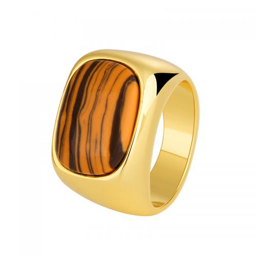Gemstone Brass Finger Ring, with Tiger Eye, plated & for woman, golden 