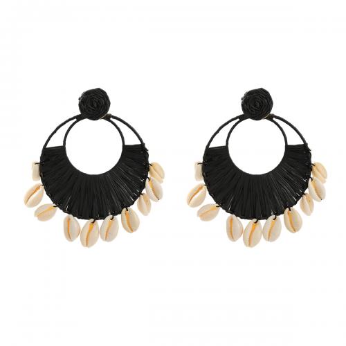 Shell Drop Earring, with Rafidah Grass, Geometrical Pattern, Bohemian style & for woman, black 