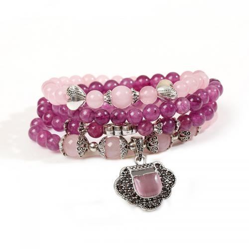 Purple Chalcedony Bracelet Set, with Cats Eye & Rose Quartz & Zinc Alloy, plated, multilayer & Bohemian style & for woman Approx 6.7 Inch 