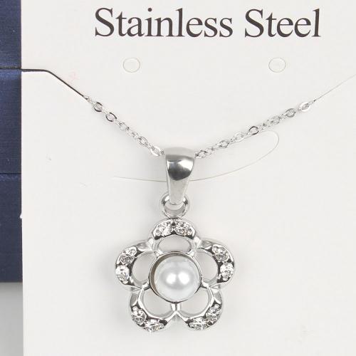 Titanium Steel Jewelry Necklace, with Plastic Pearl, with 5cm extender chain, Flower, fashion jewelry & Unisex & with rhinestone & hollow, white, nickel, lead & cadmium free Approx 45 cm 