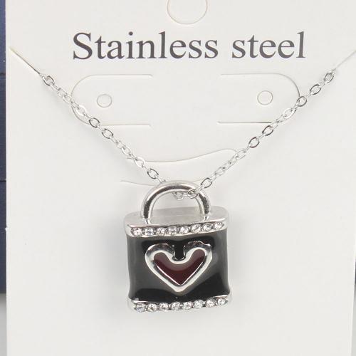 Titanium Steel Jewelry Necklace, with 5cm extender chain, Lock, fashion jewelry & Unisex & enamel & with rhinestone, black, nickel, lead & cadmium free Approx 45 cm 