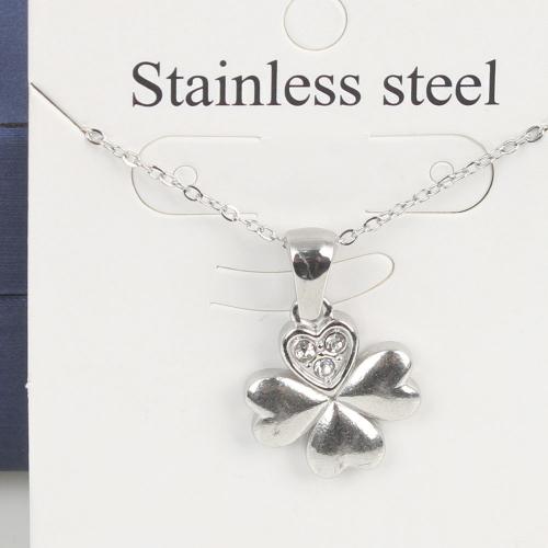Titanium Steel Jewelry Necklace, with 5cm extender chain, Four Leaf Clover, fashion jewelry & Unisex & with rhinestone, original color, nickel, lead & cadmium free Approx 45 cm 