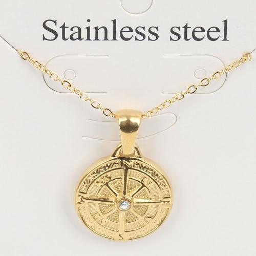 Titanium Steel Jewelry Necklace, with 5cm extender chain, Flat Round, Vacuum Ion Plating, fashion jewelry & Unisex & with rhinestone, golden, nickel, lead & cadmium free Approx 45 cm 