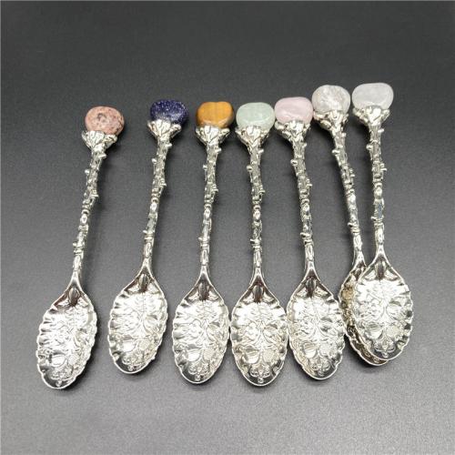 Zinc Alloy Spoon, with Gemstone, plated, durable, Random Color, 80mm [
