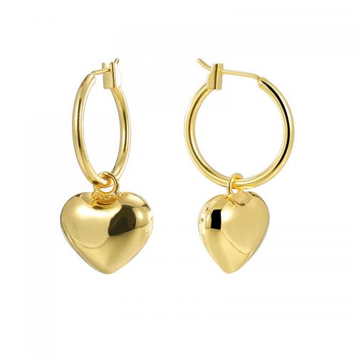 Huggie Hoop Drop Earring, Brass, Heart, plated, for woman, golden 