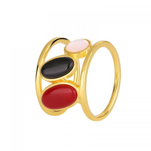 Gemstone Brass Finger Ring, with Cats Eye & Black Agate & Red Agate, plated & for woman, golden 
