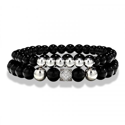 Черный камень браслет, черный камень, с Латунь, Двойной слой & ювелирные изделия моды & Мужская & со стразами, Много цветов для выбора, длина:Приблизительно 19 см, продается PC