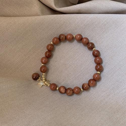 Goldstone Bracelet, with Zinc Alloy, Star, gold color plated, for woman & with rhinestone, beads length 8mm Approx 6.5 Inch 