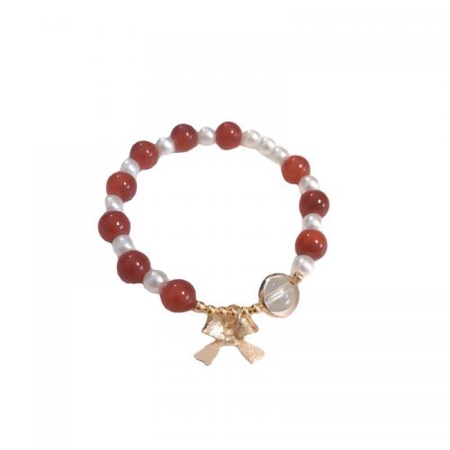 Red Agate Bracelet, with Plastic Pearl & Zinc Alloy, Bowknot, fashion jewelry & for woman, beads length 8mm Approx 6.5 Inch 