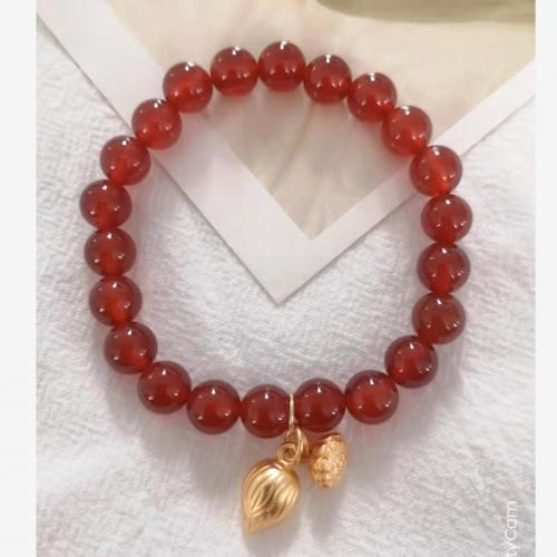 agate rouge bracelet, avec alliage de zinc, de lotus la graine, Placage de couleur d'or, style folk & pour femme Environ 6.5 pouce, Vendu par PC